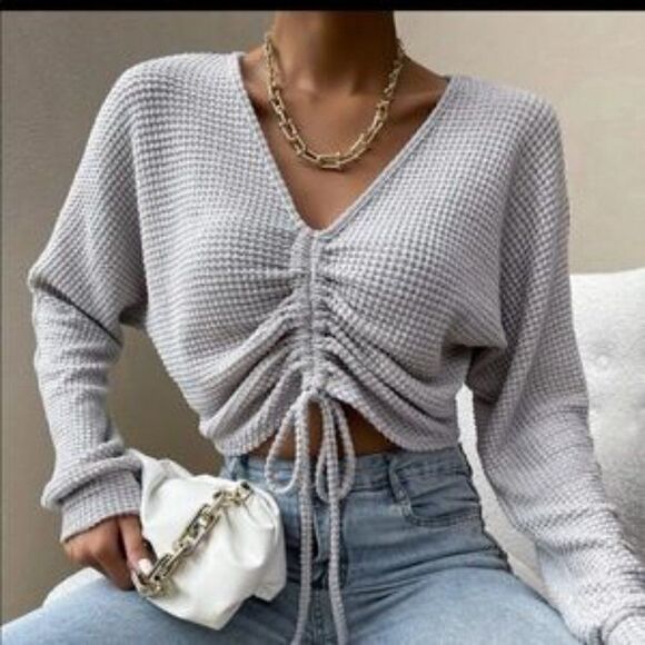 New Ruched Front Crop Top Casual Trending Fall Women's Sexy Tie Deep V Neck Puff - Picture 3 of 7